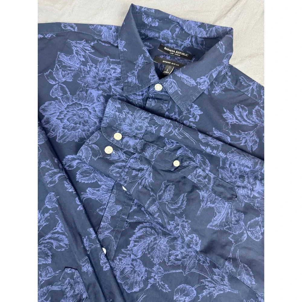 Banana Republic Mens Large Luxe Poplin Untucked Slim Fit Floral Shirt Navy Blue